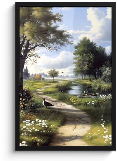 Poster in lijst - Fotolijst 40x60 cm - Posters - Zandpad - Groen landschap - Water - Posterlijst zwart - Decoratie - Wanddecoratie woonkamer - Muurdecoratie slaapkamer