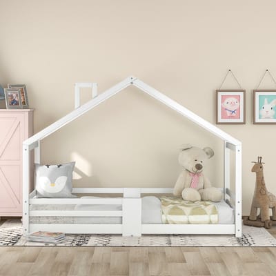 VVBV Huisbed met USB 90x200 cm - Lattenbodem, Uitvalbeveiliging, Huisdesign - Massief Hout Wit - Zonder Matras