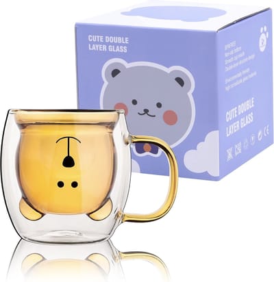 Leuke Beer Mokken Leuke Bekers Beer Thee Koffiekop met Handvat 8 Oz Melk Cup Dubbelwandige Geïsoleerde Glazen Espresso Cups Glas Cadeau voor Persoonlijke Verjaardag Valentijnsdag en Kantoor (bruin)