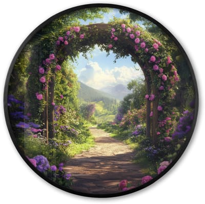 Poster in lijst Rond - Fotolijst 60x60 cm - Posters - Doorkijk - Rozenboog - Uitzicht - Landschap - Bloemen - Ronde posterlijst zwart - Decoratie - Wanddecoratie woonkamer - Muurdecoratie slaapkamer
