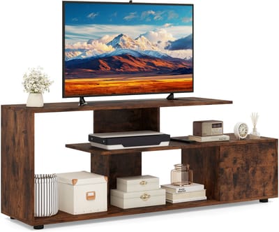 COSTWAY TV-kast, televisietafel voor tv's tot 55 inch, asymmetrische tv-meubel met legplanken en kast, lowboard, tv-plank voor woonkamer (rustiek bruin)