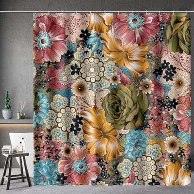 Boheems douchegordijn met veelkleurige bloemenprint, Boheemse etnische stijl, ideaal voor badkamerdecoratie, badgordijn, 180 x 180