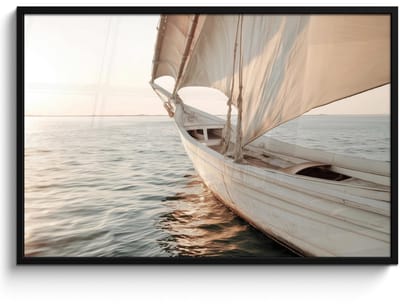 Poster in lijst - Fotolijst 120x80 cm - Posters - Zeilboot - Zee - Beige - Zon - Posterlijst zwart - Decoratie - Wanddecoratie woonkamer - Muurdecoratie slaapkamer