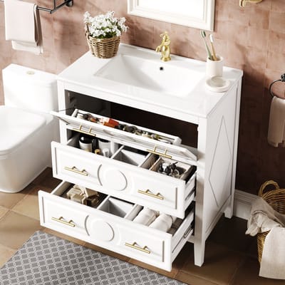 Badkamermeubel - 81x46,5 cm - Waschtischunterschrank Retro Met 3 Laden Soft-Close - Keramiek - Wit