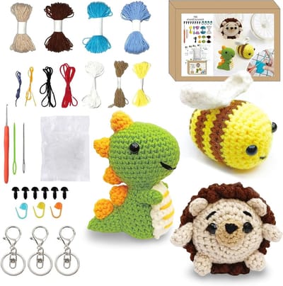3-delige Haakset voor Beginners met Dieren, Haaknaalden, Garens en Video-instructies, Creatieve Knutselset voor Volwassenen en Kinderen, Perfect als Cadeau