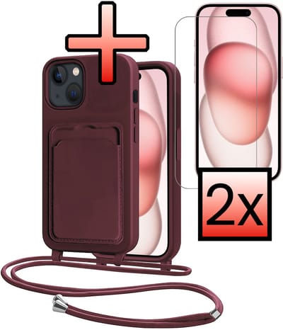 Hoes Geschikt voor iPhone 15 Plus Hoesje Pasjeshouder Cover Met Koord Case Siliconen Hoes Met Telefoonkoord en Kaarthouder Met 2x Screenprotector - Aubergine