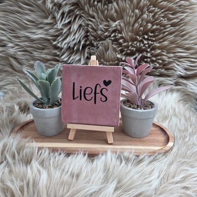 Robuust wenstegeltje “Liefs” – 10x10 cm – Liefdevolle Wanddecoratie & Cadeau – cadeau vriendin – decoratieve tegel met tekst – woondecoratie quotes – romantisch cadeau – Decoratief Tegeltje met Standaard – Cadeau Idee
