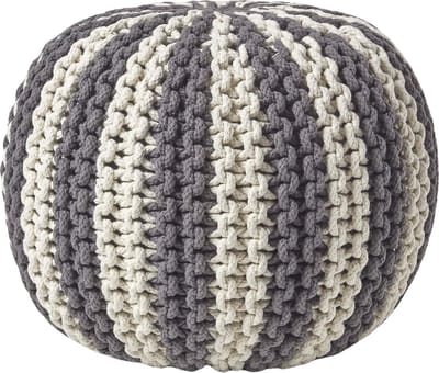 Homescapes - Gebreide ronde poef - Streepdesign - Katoen - Grijs-wit - 35 x 40 cm