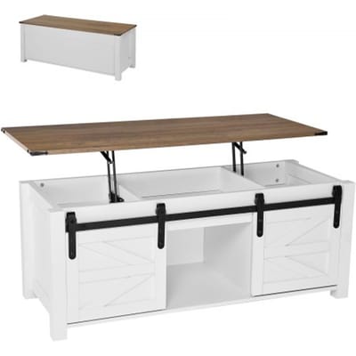 VEVOR Lift Top Salontafel 120cm, Rustieke Salontafel met Barndeur en Verborgen Opbergvak, Modern Rechthoekig Lift Top voor Woonkamer Kantoor Thuis, Woonkamertafel, Banktafel, Wit