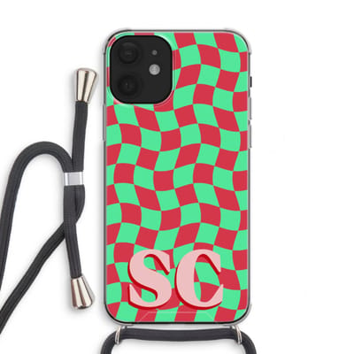 Gepersonaliseerd - Case Company® - Hoesje met koord geschikt voor iPhone 12 mini hoesje met Koord - Grid Monogram - Telefoonhoesje met Zwart Koord - Extra Bescherming aan alle Kanten en Over de Schermrand