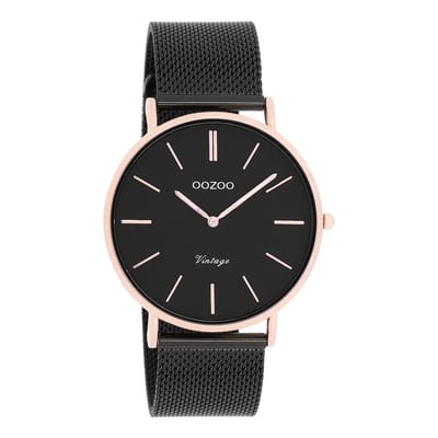 OOZOO Timepieces - Rosé goudkleurige horloge met zwarte metalen mesh armband - C8869