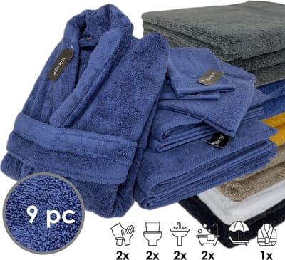 iSleep Terry Badtextiel - Voordeelset (9 delig) - 1x Badjas - Maat S - 2x Washandje 16x22 cm - 2x Gastendoekje 30x50 cm - 2x Handdoek 60x110 cm - 2x Badlaken 70x140 cm - Donker Blauw