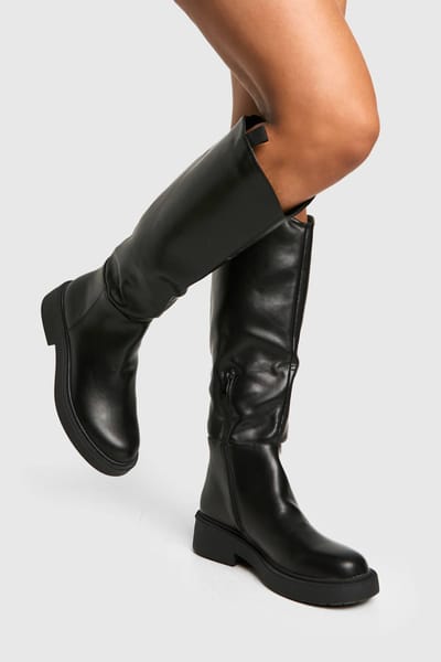boohoo Dames Tab Detail Kniehoge Laarzen | Black | Maat: 5