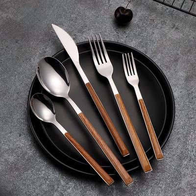 Imitatie houten handvat 430 RVS bestek lepel set western steak bestek dessertlepel bestek, 5-delig