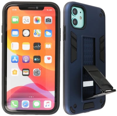 Hoesje met Magnetic Stand Hard Case Geschikt voor de iPhone 12 Mini - Stand Shockproof Telefoonhoesje - Grip Stand Back Cover - Navy
