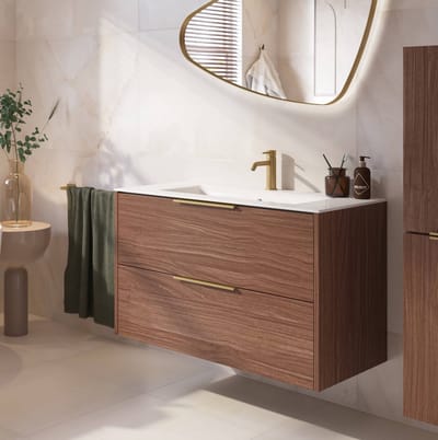 Saqu Lima badmeubel incl. glans witte keramische wastafel 100x46x61cm noten urban – messing greep
