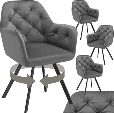 tectake® Draaistoel Fluweellook – Eetkamerstoel met Armleuningen – Ergonomische Zitting en Rugleuning – 180° Draaibaar – Moderne Stalen Poten – Set van 4 - Antraciet