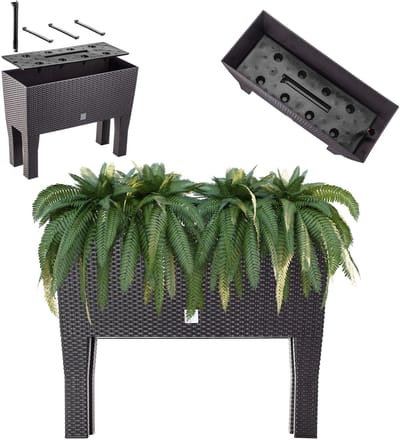 KADAX Bloempot op poten, verhoogd bloembed van kunststof in 2 maten, plantenbak in rotanmotief, bloembak voor tuin, balkon, terras, plantenbak, kruidenbed, 60 cm, donkerbruin
