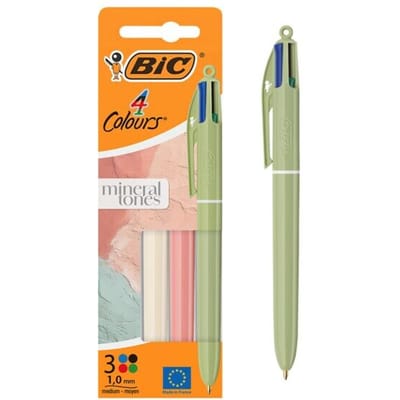 BIC 4 Kleuren Nature Balpen - 3 Stuks - Natuurtinten Beige Groen Rood - Navulbaar 6km Medium Punt