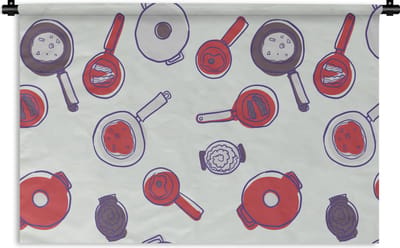 Wandkleed - Wanddoek - Patroon - Koken - Pan - Eten - 90x60 cm - Wandtapijt