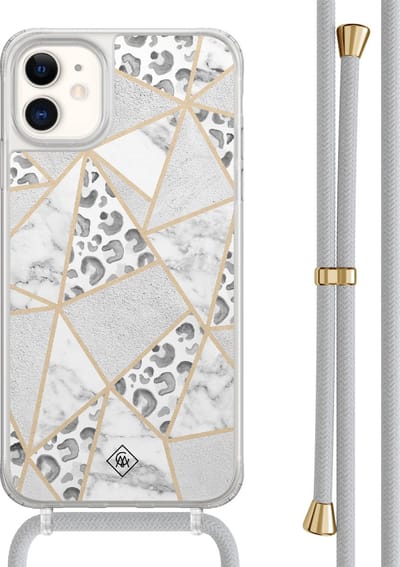 Casimoda® hoesje met grijs koord - Geschikt voor iPhone 11 - Stone & Leopard - Afneembaar koord - TPU/acryl - Grijs