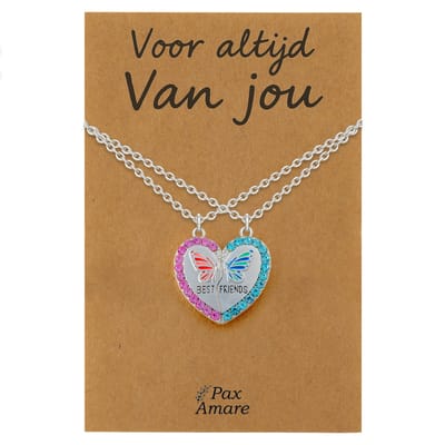 Koppel Ketting voor 2 'Voor altijd van jou' - Magnetisch Hartje met Vlinder - Vriendschapsketting op Cadeau Kaartje - 45cm + 5cm verstelbaar - Zilverkleurig - Persoonlijke Hanger - Pax Amare