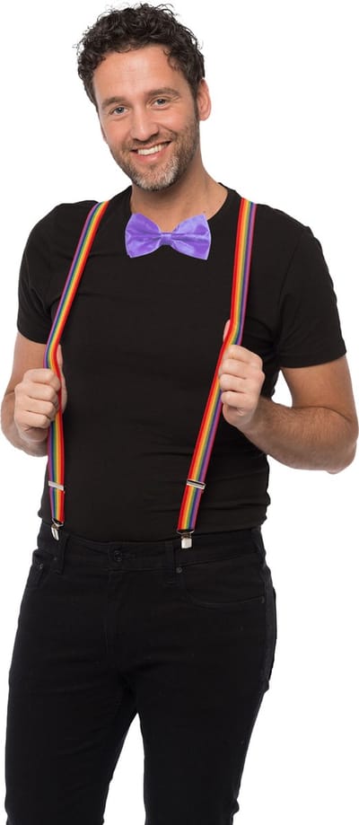 Carnaval verkleedset bretels en strik - regenboog - paars - volwassenen/unisex - feestkleding