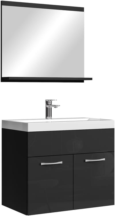 Badplaats Badkamermeubel Montreal Set 02 60 x 35 cm – Hoogglans Zwart– Hangend Meubel met Zwarte Wastafel en Spiegel