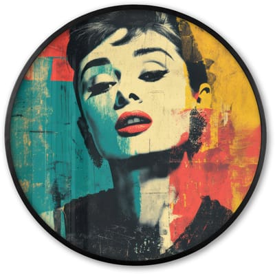 Poster in lijst Rond - Fotolijst 60x60 cm - Posters - Vrouw - Rode lippen - Expressief - Grafisch - Ronde posterlijst zwart - Decoratie - Wanddecoratie woonkamer - Muurdecoratie slaapkamer