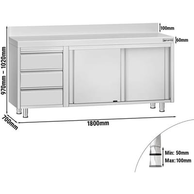 GGM Gastro Edelstahl Arbeitsschrank ECO - 1800x700mm - mit 3 Schubladen links & Aufkantung Zilver