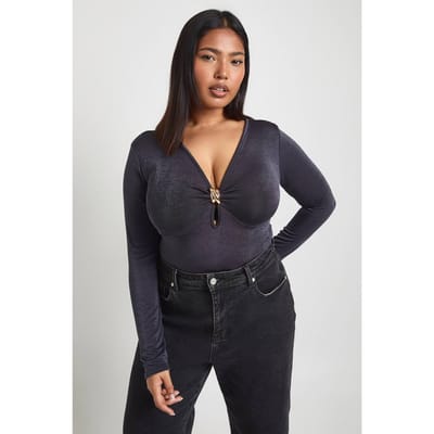 boohoo Dames Plus Bodysuit Met Gouden Afwerking En Sleutelgat Decollete | Houtskool | Maat: 44