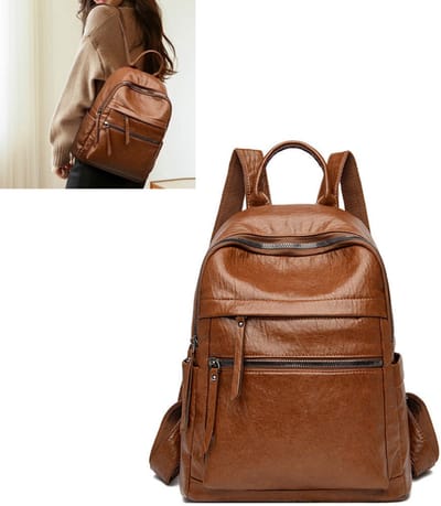 KZQ Antidiefstal rugzak dames waterdicht PU leer modieus bruin 31x26x11 cm voor reizen en werk