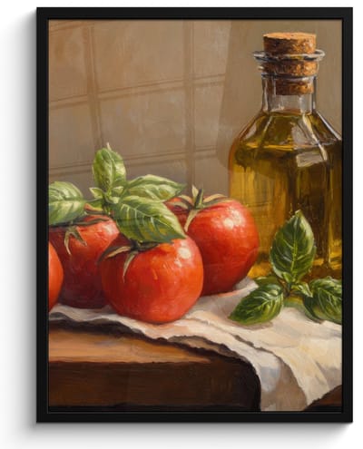 Poster in lijst - Fotolijst 50x70 cm - Posters - Tomaten - Olijfolie - Stilleven - Posterlijst zwart - Decoratie - Wanddecoratie woonkamer - Muurdecoratie slaapkamer