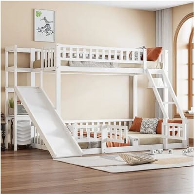 Merax Stapelbedden 140 x 200 cm + 90 x 200 cm met glijbaan, planken en veiligheidshekken - Dennen + MDF - Wit (zonder matras)