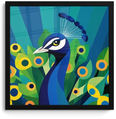 Poster in lijst - Fotolijst 40x40 cm - Posters - Pauw - Cirkels - Blauw - Posterlijst zwart - Decoratie - Wanddecoratie woonkamer - Muurdecoratie slaapkamer