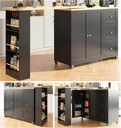 Draaibare Statafel 135–203 x 39 x 106 cm - Met 3 Lades en Snackrek - Verrijdbaar - Zwart
