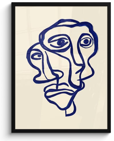 Poster in lijst - Fotolijst 60x80 cm - Posters - Lijntekening - Overlappende gezichten - Donkerblauw - Posterlijst zwart - Decoratie - Wanddecoratie woonkamer - Muurdecoratie slaapkamer