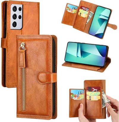 Premium vintage portemonnee hoesje met ritssluiting flip-cover hoes met kaarthoudersleuven Geschikt voor: Samsung Galaxy S21 Ultra - licht bruin