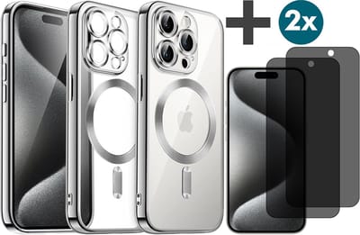 Hoesje met Privacy Screenprotectors 2 Stuks Geschikt voor iphone 15 Pro Max Hoesje - Geschikt voor MagSafe - Arara siliconen Backcover - Zilver