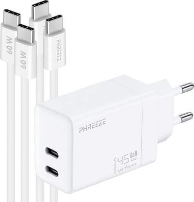 Phreeze Power Delivery oplader - 45 W GaN charger met 2 usb C naar usb C kabels - Snelladen voor laptop en tablet