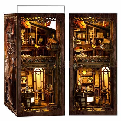 Meedeer Book Nook Kit-Rustig koffiehuis-Café Model Bouwpakket-Met stofbescherming-Houten modelbouw voor Volwassenen-DIY Miniatuur Poppenhuis Boekennook-Boekenplank Insteekdecor-3D Houten Boekennook Miniatuurkit met LED-licht