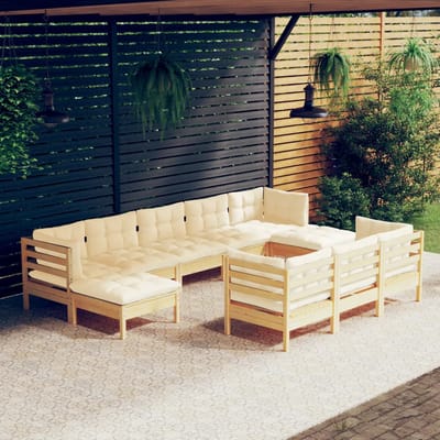 vidaXL - 10-delige - Loungeset - met - crèmekleurig - kussens - massief - grenenhout