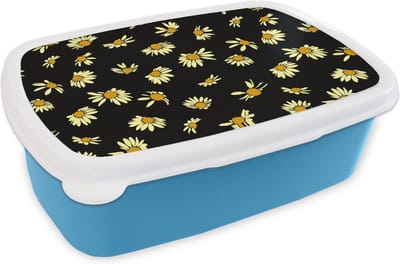 Broodtrommel Blauw - Lunchbox - Brooddoos - Madelief - Zwart - Patroon - 18x12x6 cm - Kinderen - Jongen