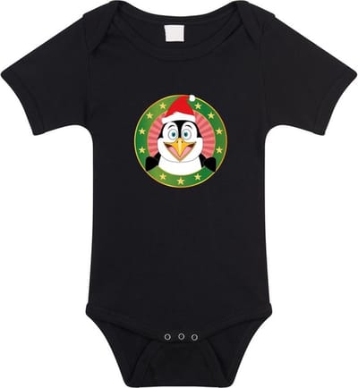 Kerst baby rompertje met kerst pinguin zwart jongens en meisjes - Kerstkleding baby 56