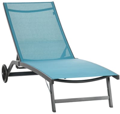 Openlucht ligstoel met wielen, verstelbare rugleuning, polyester en aluminium tuinligstoel, blauw, 195 x 165 x 102 cm, voor comfort buitenshuis