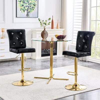 Wishdor - Set Van 2 Barkrukken - Verstelbare Zithoogte En Gevoerde Zitting - Vintage Ontwerp - Voor Eethoek Of Bar - PVC En Schuimvulling - Zwart - Met Waterafstotend Oppervlak En Kristalknoopdetails