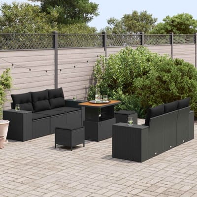 vidaXL Tuinbank Set met kussen met opslag 9 pcs Zwart Poly Riet