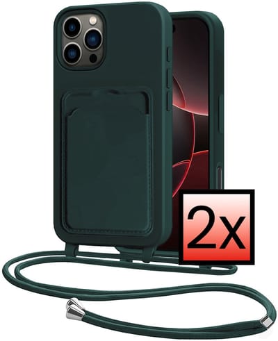 Hoes Geschikt voor iPhone 16 Pro Hoesje Pasjeshouder Cover Met Koord Case Siliconen Hoes Met Telefoonkoord en Kaarthouder - Donkergroen - 2 PACK