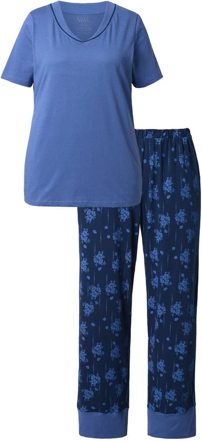 Ulla Popken - Dames - Pyjama bloemen V-hals korte mouw - Licht zeilblauw - Maat 42+