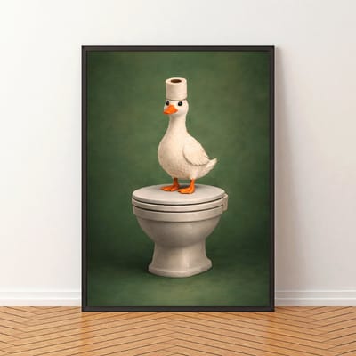 Foto op poster - Eend op toilet - A3 – 29,7 × 42 cm - Badkamer Toilet decoratie - Humoristische dierenprint - Wanddecoratie - Exclusief fotolijst